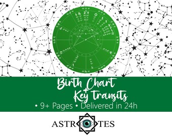 May include: A circular green astrological birth chart featuring planetary symbols and lines, set against a white background with black star constellations. The text reads Birth Chart + Key Transits, 9+ Pages, Delivered in 24h, and ASTROTES.