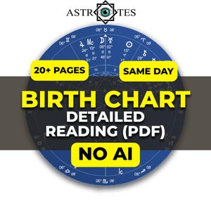 Könnte beinhalten: Ein kreisförmiges blaues astrologisches Geburtshoroskop mit weißen Symbolen und Linien. Die Texte umfassen ASTROTES, 20+ PAGES, SAME DAY, BIRTH CHART DETAILED READING (PDF) und NO AI. Das Design zeigt Planetenikonen und Tierkreiszeichen auf dunklem Grund.
