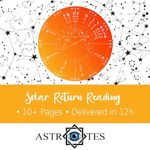 May include: A digital graphic featuring a circular orange and yellow astrological chart centered over a white background with black star constellations. The text reads Solar Return Reading, 10+ Pages, Delivered in 12h, and ASTROTES with an eye icon.