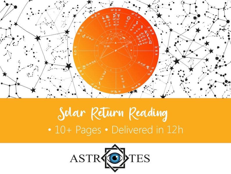 May include: A digital graphic featuring a circular orange and yellow astrological chart centered over a white background with black star constellations. The text reads Solar Return Reading, 10+ Pages, Delivered in 12h, and ASTROTES with an eye icon.