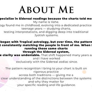 May include: A white informational card with the heading ABOUT ME in black text. The body text describes Vahe, an astrologer specializing in Sidereal readings, detailing their transition from Tropical astrology to the Sidereal system.