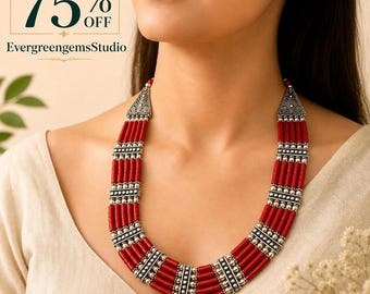 AAA Natural Coral Necklace, Handmade Sterling Silver Jewelry, Bohemian Statement Necklace, Birthday Gift for Her