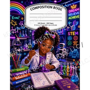 May include: A composition book with a cover featuring a young scientist in a lab coat, safety goggles, and a colourful bow. The cover displays the text COMPOSITION BOOK, 100 Sheets 200 Pages, 9 3/4 in x 7 1/2 in (24.7 cm x 19 cm), and STEM themes.