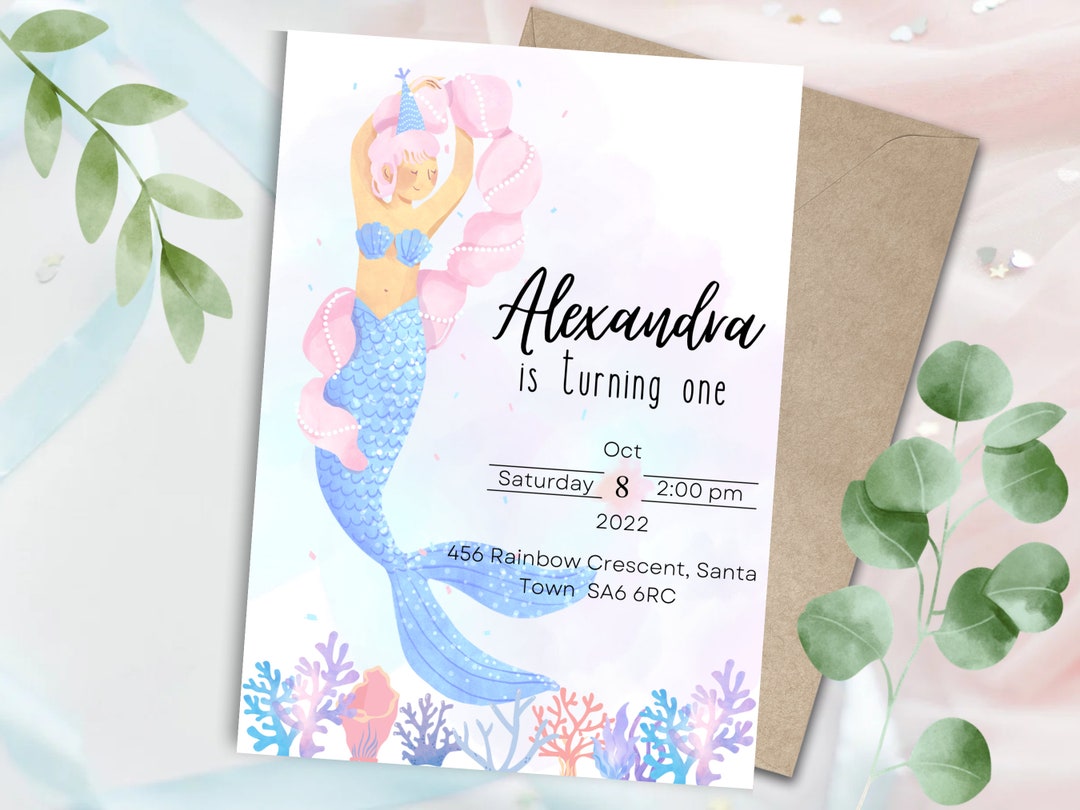 Pink Mermaid Birthday Invitation DIGITAL DOWNLOAD Pastel Etsy