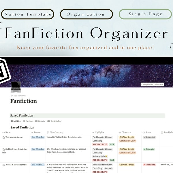 Organisateur de fanfictions | Traqueur de fanfictions | Modèle de notions | Tableau de bord des notions | Planificateur numérique | Notion Esthétique | Planificateur esthétique