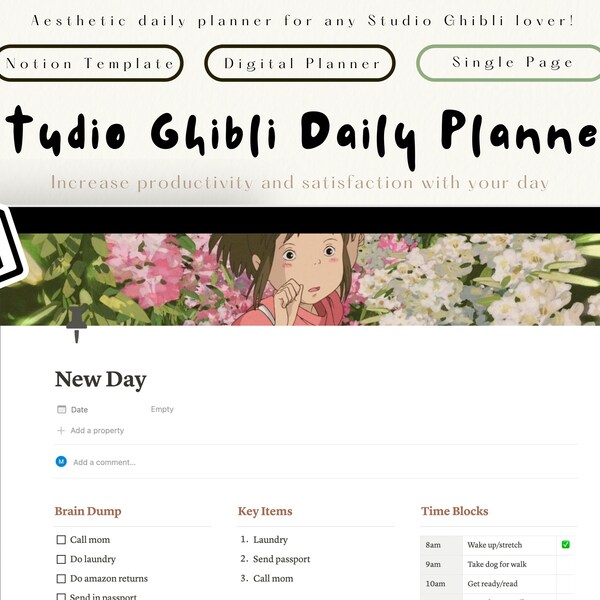 Planificador diario de Studio Ghibli / Panel de control de nociones / Plantilla de nociones / Planificador digital / Planificador de nociones / Planificador estético