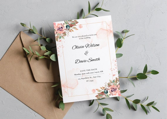Wedding Invitation Save The Date, Dusty Rose And Gold Floral.