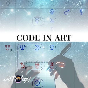 May include: An artistic image featuring astrological symbols and the text "CODE IN ART." A hand is shown writing on a notepad with a pen, surrounded by celestial graphics and symbols. The background has a starry sky.