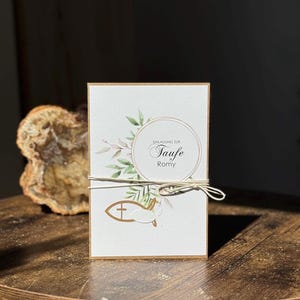Personalisierte Einladung Taufe Junge Mädchen • Kommunion Konfirmation Karte Eukalyptus mit Name & Fischen • Boho Design