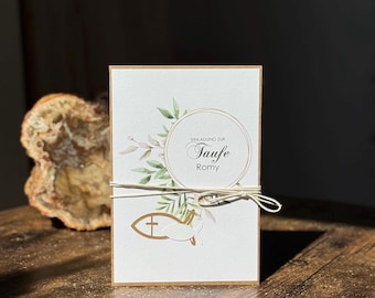 Personalisierte Einladung Taufe Junge Mädchen • Kommunion Konfirmation Karte Eukalyptus mit Namen & Fischen • Boho Design