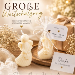 K&ouml;nnte beinhalten: Eine cremefarbene engelsf&ouml;rmige Kerze mit Stern, eine unverpackt und eine in einer transparenten Plastikt&uuml;te mit wei&szlig;em Etikett "Heilige Taufe Elisa Theresa 11.04.2026". Text auf dem Bild: "KLEINES GESCHENK GROBE WERTSCH&Auml;TZUNG".