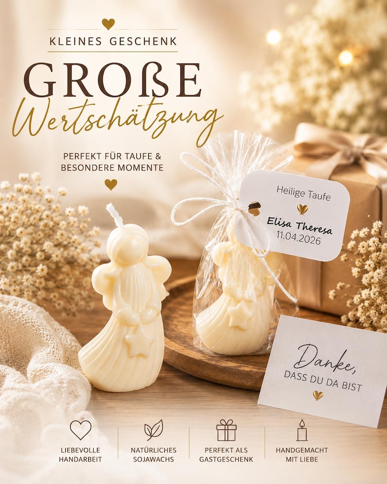 K&ouml;nnte beinhalten: Eine cremefarbene engelsf&ouml;rmige Kerze mit Stern, eine unverpackt und eine in einer transparenten Plastikt&uuml;te mit wei&szlig;em Etikett "Heilige Taufe Elisa Theresa 11.04.2026". Text auf dem Bild: "KLEINES GESCHENK GROBE WERTSCH&Auml;TZUNG".