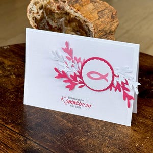 Einladung Kommunion Mädchen personalisiert – 3D Fisch Karte rosa • Handgemachte Einladung mit Name & Datum • Christliche Feier Deko