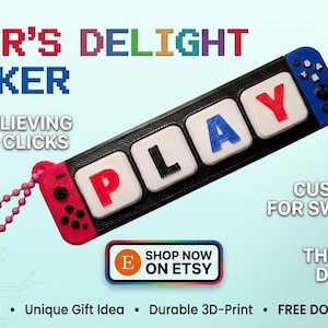 May include: A black and red "Gamer's Delight Clicker" with the word "PLAY" in white and colored letters. The desk fidget is custom-built for Switch fans and provides stress-relieving keyboard clicks. Includes a pink chain.