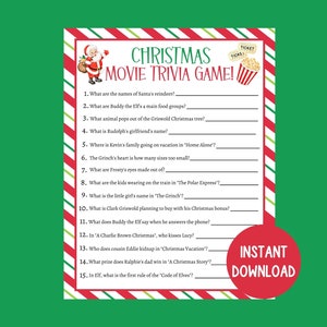 Jogo de perguntas e respostas sobre filmes de Natal, jogo para imprimir de Natal, jogo de festa de Natal, jogo de escritório de Natal, jogo divertido de Natal para crianças, adolescentes e adultos