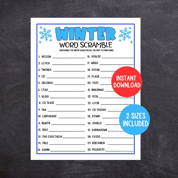 Winter Word Scramble, Printable Game, Winter Party Game, Easy winter Game for Kids and Adults