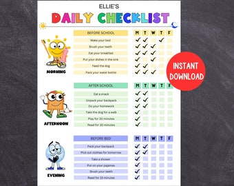 Kids Daily Checklist, Printable and Editable Chore Chart, Personalized To Do List, Daily Responsibilities for Kids