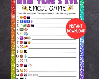 Może przedstawiać: Drukowana gra w emoji na Sylwestra z 15 pytaniami. Każde pytanie zawiera emoji związane z Sylwestrem i pustą linię, na której gracze mogą zapisać swoje odpowiedzi.