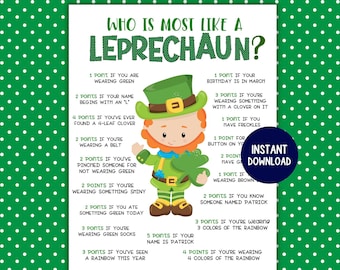 Who Is Most Like A Leprechaun,  St. Patrick's Day Printable Game, Leprechaun Game, St. Patricks Day Fun for Kids and Adults and Classrooms