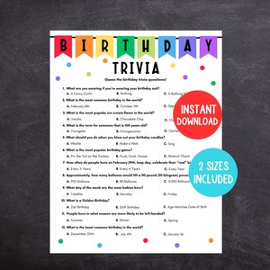 Verjaardagstriviaspel, afdrukbaar verjaardagsspel, eenvoudig verjaardagsspel voor kinderen en volwassenen, triviaspel