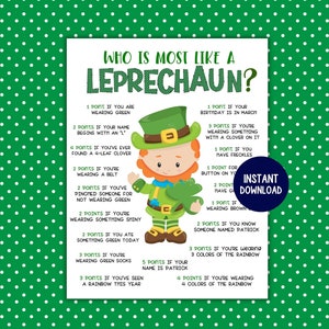 Who Is Most Like A Leprechaun,  St. Patrick&#39;s Day Printable Game, Leprechaun Game, St. Patricks Day Fun for Kids and Adults and Classrooms