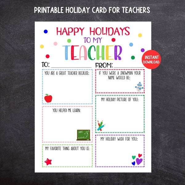 Teacher Holiday Card, Printable Kids Holiday Card for Teachers, Teacher Keepsake, Kids Fill In the Blank Holiday Card for Teacher