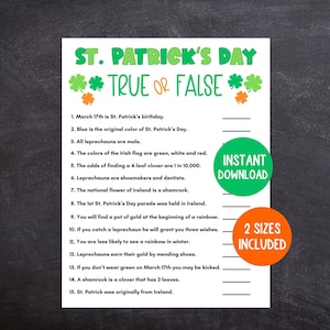 Puede incluir: Un juego de preguntas verdadero o falso de San Patricio para imprimir con 15 preguntas. El juego es verde y naranja con gr&aacute;ficos de tr&eacute;bol. El texto "INSTANT DOWNLOAD" y "2 SIZES INCLUDED" est&aacute; en el juego.