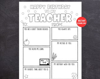 Teacher Birthday Coloring Card, Printable Kids Birthday Card for Teacher, Teacher Keepsake, Kids Fill In the Blank Birthday Card for Teacher
