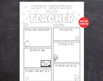 Teacher Birthday Coloring Card, Printable Kids Birthday Card for Teacher, Teacher Keepsake, Kids Fill In the Blank Birthday Card for Teacher