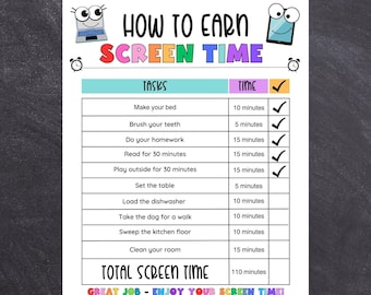 Lista kontrolna czasu spędzanego przed ekranem, edytowalna i drukowana tabela obowiązków związanych z czasem spędzanym przed ekranem, śledzenie czasu spędzanego przed ekranem, lista kontrolna czasu spędzanego przed ekranem przez dzieci