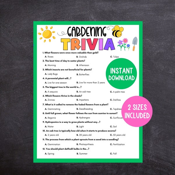 Gardening Trivia Game, Printable Spring Activity for Adults and Kids, Garden Party Game