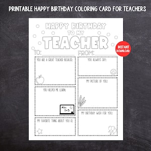 Carte d'anniversaire pour enseignant à colorier, carte d'anniversaire pour enfants à imprimer pour enseignant, souvenir enseignant, carte d'anniversaire vierge pour enseignant