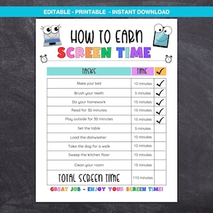 Lista de verificación del tiempo frente a la pantalla, cuadro de tareas frente a la pantalla editable e imprimible, registro del tiempo frente a la pantalla, lista de verificación del tiempo frente a la pantalla para niños