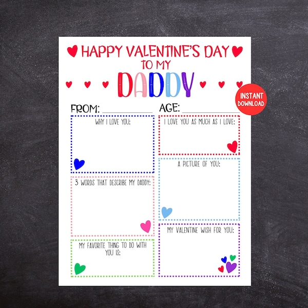 Kids Valentines Card for Daddy, Printable Daddy Valentines Card,  Keepsake for Dad, Kids Fill In the Blank Valentines Card for Daddy