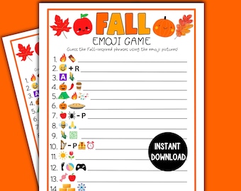 Fall Emoji Game, Printable Fall Game for Kids and Adults and Classrooms, Autumn Quiz, Thanksgiving Game