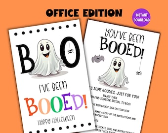 May include: Two printable Halloween cards featuring a cartoon ghost with the text "Boo! I've been Booed! Happy Halloween" and "You've been Booed!" with instructions for a Halloween office game.