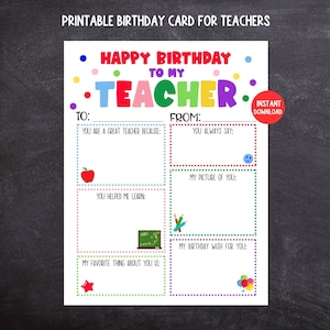 Teacher Birthday Card, Printable Kids Birthday Card for Teachers, Teacher Keepsake, Kids Fill In the Blank Birthday Card for Teacher