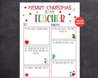 Carte de Noël de professeur, carte de Noël d'enfants imprimable pour des professeurs, souvenir de professeur, carte de Noël vierge de remplissage d'enfants pour des professeurs