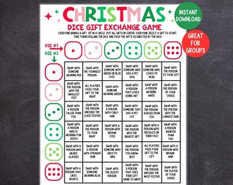 Puede incluir: Un juego de dados de Navidad con un esquema de color rojo y verde. El tablero de juego tiene una cuadrícula de 36 casillas con instrucciones para intercambiar regalos en función del lanzamiento de los dados. El juego es para grupos.