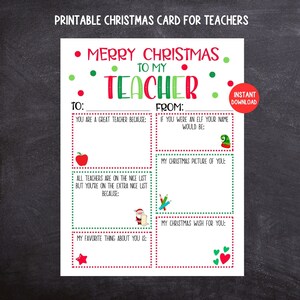 Tarjeta navideña para maestros, tarjeta navideña imprimible para niños para maestros, recuerdo para maestros, tarjeta navideña para completar en blanco para niños para maestros