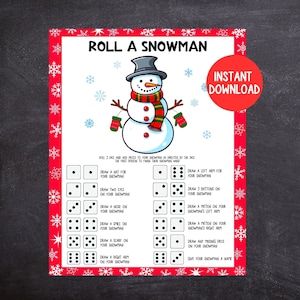 Peut inclure: Un plateau de jeu imprimable avec des instructions pour "Roll a Snowman". Le plateau présente un bonhomme de neige avec un chapeau noir, des mitaines rouges et une écharpe rouge et blanche. Le jeu demande aux joueurs de lancer deux dés et de dessiner une partie du bonhomme de neige en fonction du nombre obtenu.