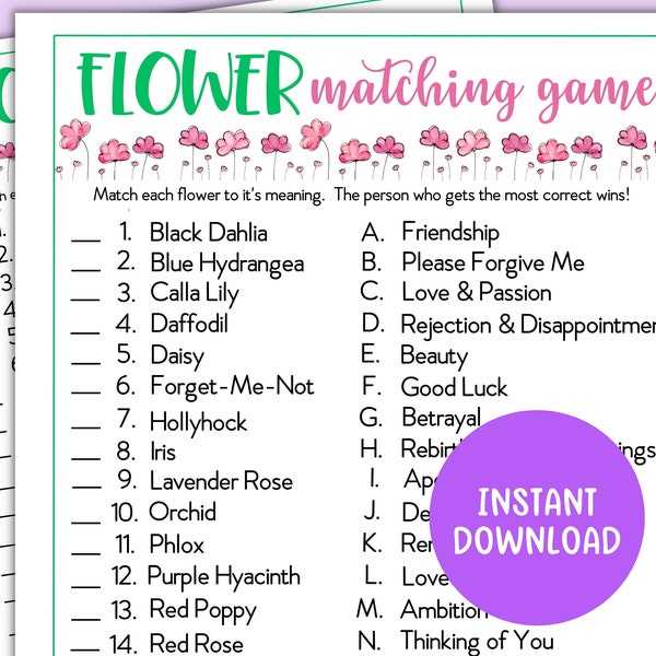 Flower Matching Game, Printable Springtime Game, Spring Trivia Game, Spring Game for Adults, Spring Brunch, Spring Luncheon, Gardening Game