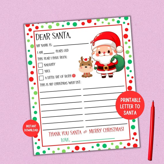 Printable Letter to Santa, Christmas Wish List, Dear Santa Letter