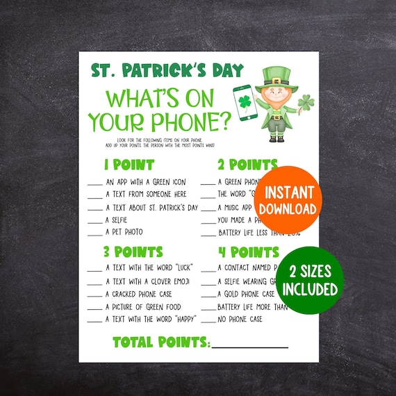St. Patrick's Day Game, Printable St. Patrick's Day What's On Your Phone, St. Patrick's Day Game for Kids and Seniors and Classrooms