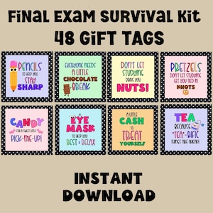 Etichette regalo per kit di sopravvivenza per esame finale, etichette regalo stampabili per assistenza universitaria, assistenza per esame finale, incoraggiamento degli studenti, pacco assistenza universitaria