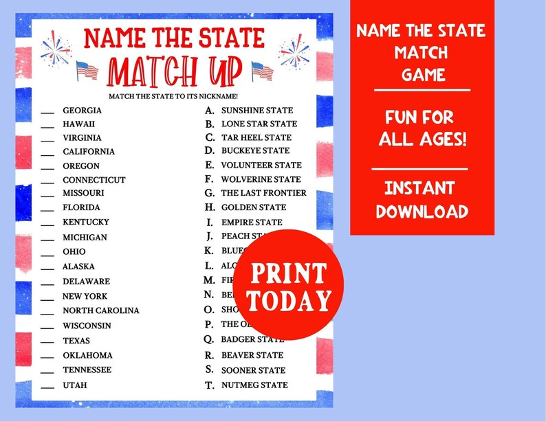 4th of July Game, Printable Name the State Game, USA States Quiz, US ...