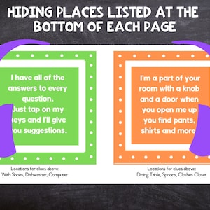 May include: Two green and orange squares with white polka dots and white borders. The squares contain text with instructions for a scavenger hunt. The text in the green square says "I have all of the answers to every question. Just tap on my keys and I'll give you suggestions." The text in the orange square says "I'm a part of your room with a knob and a door when you open me up you find pants, shirts and more." Below each square is a list of locations for clues: "With Shoes, Dishwasher, Computer" and "Dining Table, Spoons, Clothes Closet".