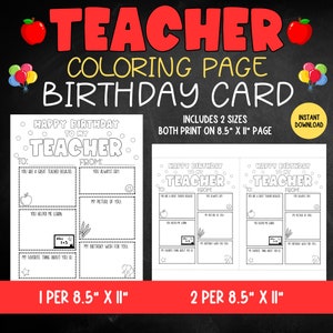 K&ouml;nnte beinhalten: Schwarz-wei&szlig; druckbare Malvorlage f&uuml;r eine Geburtstagskarte f&uuml;r einen Lehrer. Die Karte tr&auml;gt den Titel "Happy Birthday to my Teacher" und bietet Platz f&uuml;r den Sch&uuml;ler, um zu schreiben, warum der Lehrer gro&szlig;artig ist, was der Lehrer immer sagt, ein Bild des Lehrers, was der Sch&uuml;ler vom Lehrer gelernt hat, einen Geburtstagswunsch f&uuml;r den Lehrer und eine Lieblingssache am Lehrer. Die Karte ist in zwei Gr&ouml;&szlig;en erh&auml;ltlich: 1 pro 8,5 x 11 Zoll und 2 pro 8,5 x 11 Zoll.