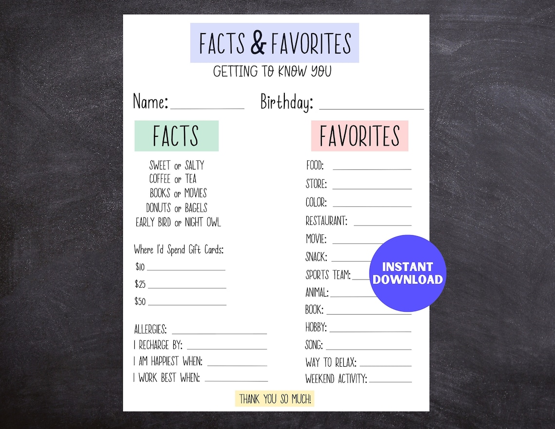 Printable Get to Know You Questionnaire, All About Me Form for ...