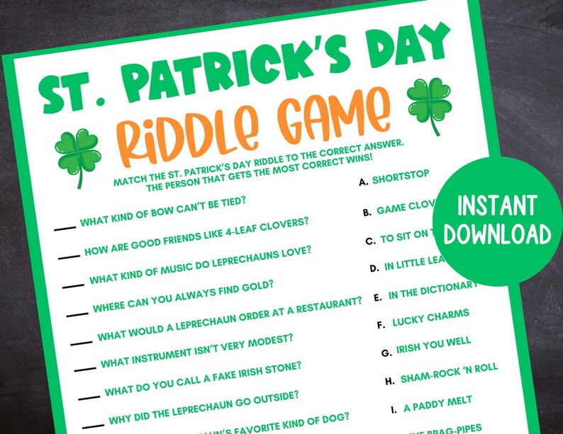 St. Patrick's Day Riddle Game, Printable St. Patrick's Day Party Game ...
